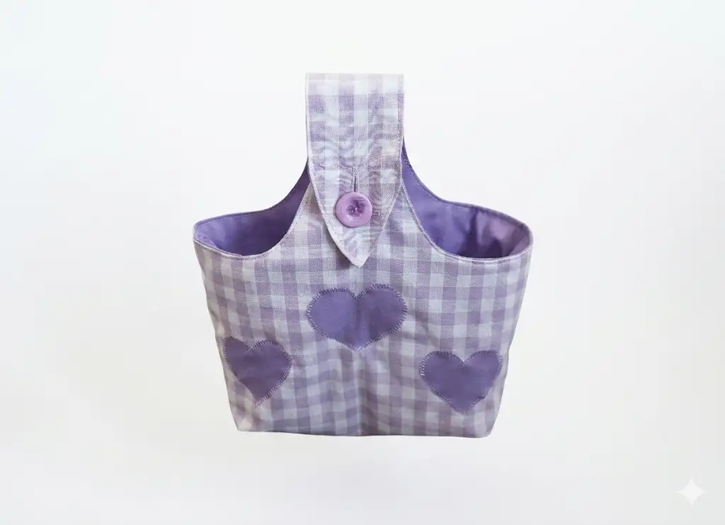 Sac suspendu vichy violet à cœurs cousu main par Flo, Créa'Flo