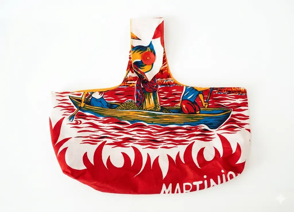 Sac à pinces à linge suspendu tissu vintage Martinique, vue étiquette cousu main Créa'Flo