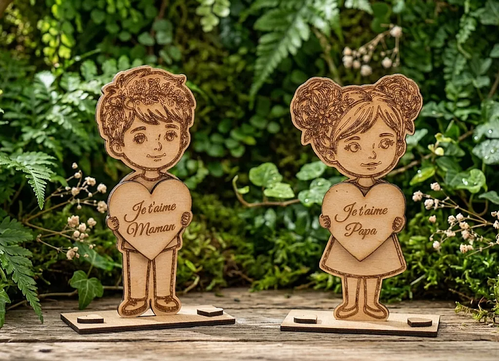 Duo de figurines fille et garçon gravées en bois MDF sur fond de verdure, cadeau affectif Créa'Flo