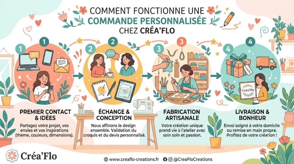 Infographie des 4 étapes d'une commande personnalisée chez Créa'Flo — contact, conception, fabrication, livraison