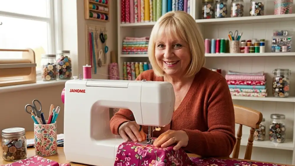 Flo devant sa machine à coudre, créations couture fait main dans l’atelier Créa’Flo by Flo à Istres