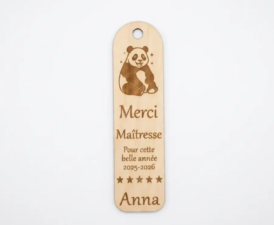 Marque page maîtresse bois MDF gravé laser, panda et prénom Anna, Merci Maîtresse 2025-2026, Créa'Flo