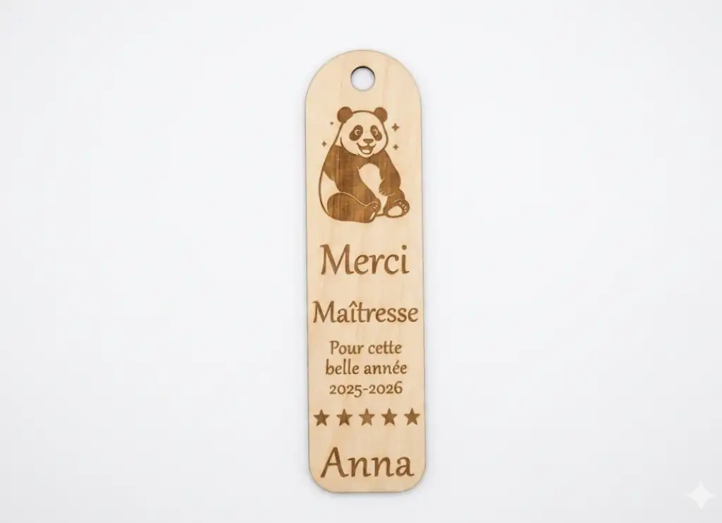 Marque page maîtresse bois MDF gravé laser, panda et prénom Anna, Merci Maîtresse 2025-2026, Créa'Flo