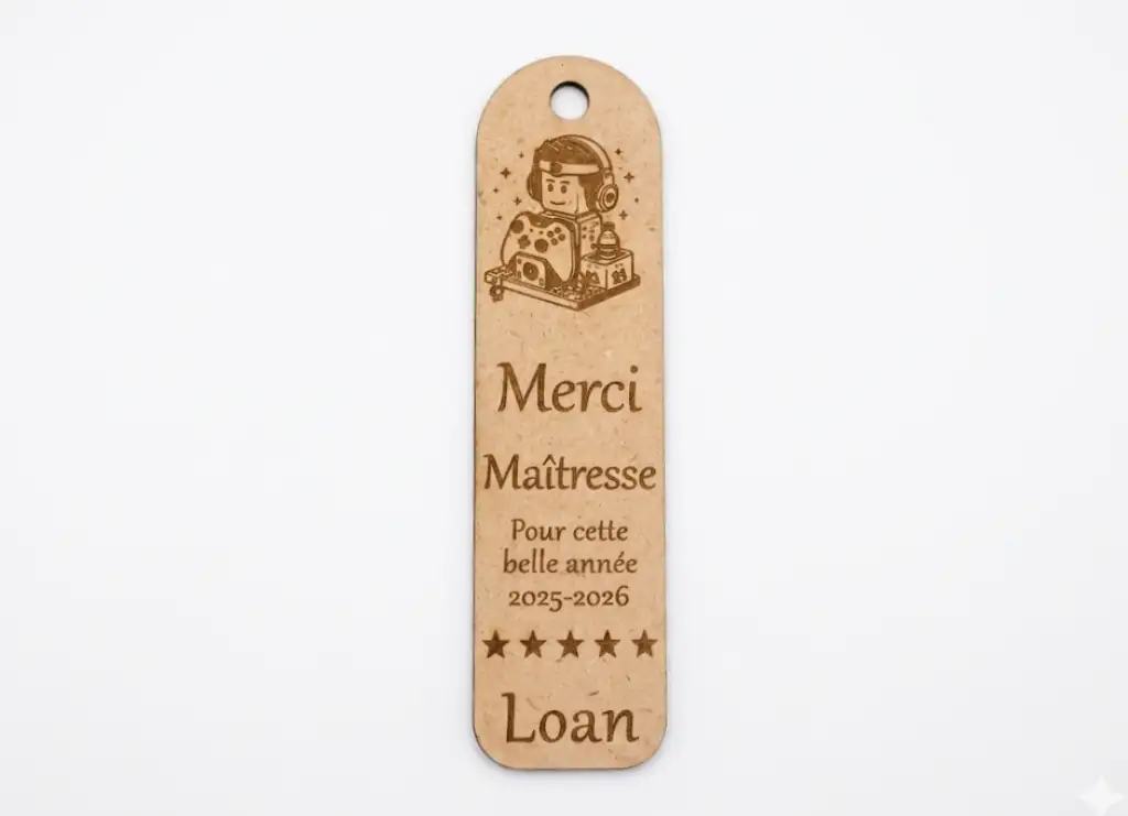 Marque page maîtresse bois MDF gravé laser, personnage gamer et prénom Loan, Merci Maîtresse 2025-2026, Créa'Flo