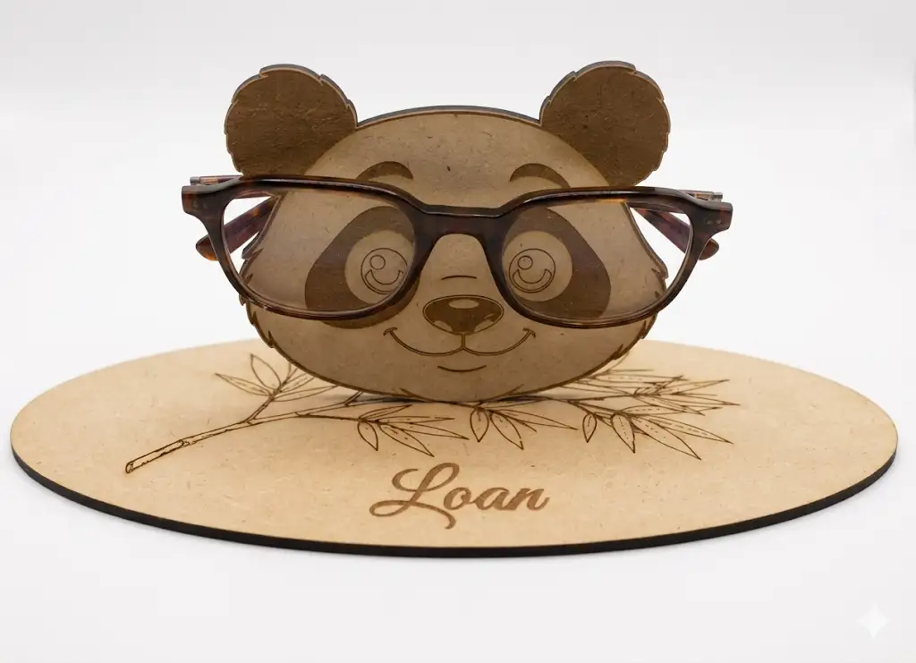 Porte lunettes panda bois MDF gravé laser, prénom Loan sur socle bambou, Créa'Flo