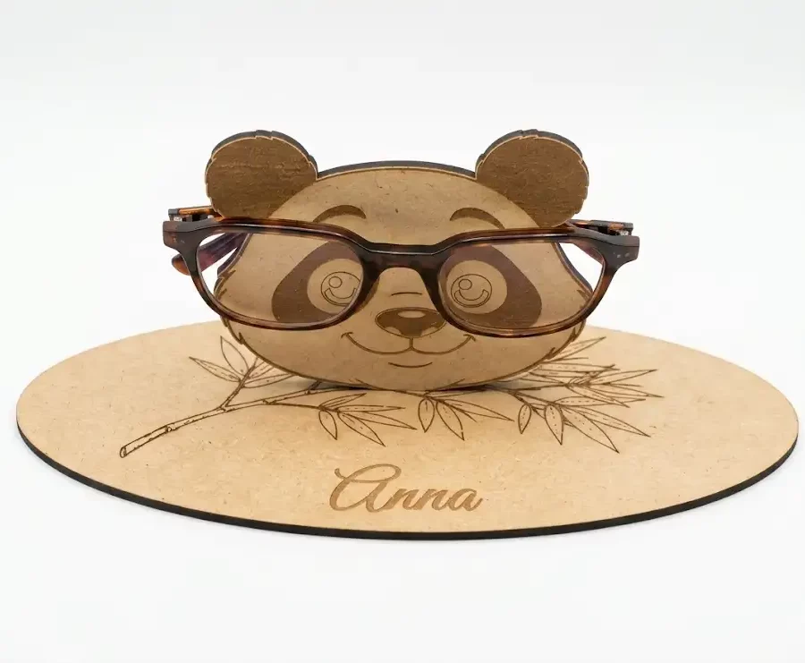 Porte lunettes panda bois MDF gravé laser, prénom Anna sur socle bambou, Créa'Flo