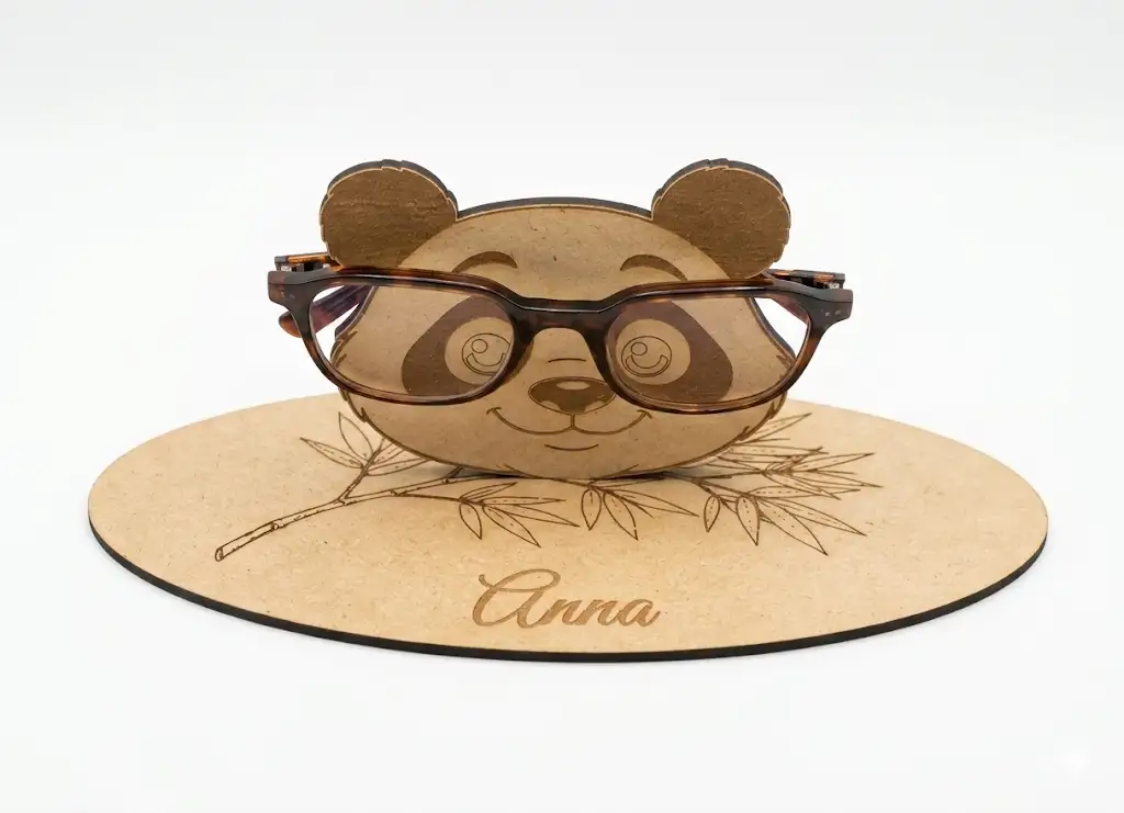 Porte lunettes panda bois MDF gravé laser, prénom Anna sur socle bambou, Créa'Flo